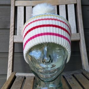 NWOT GAP Crazy Stripe Ribbed Knit Pom Beanie Rainbow White One Size Wool Blend